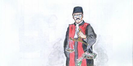 Drawing of an Indonesian judge holding scales weighed down by cash