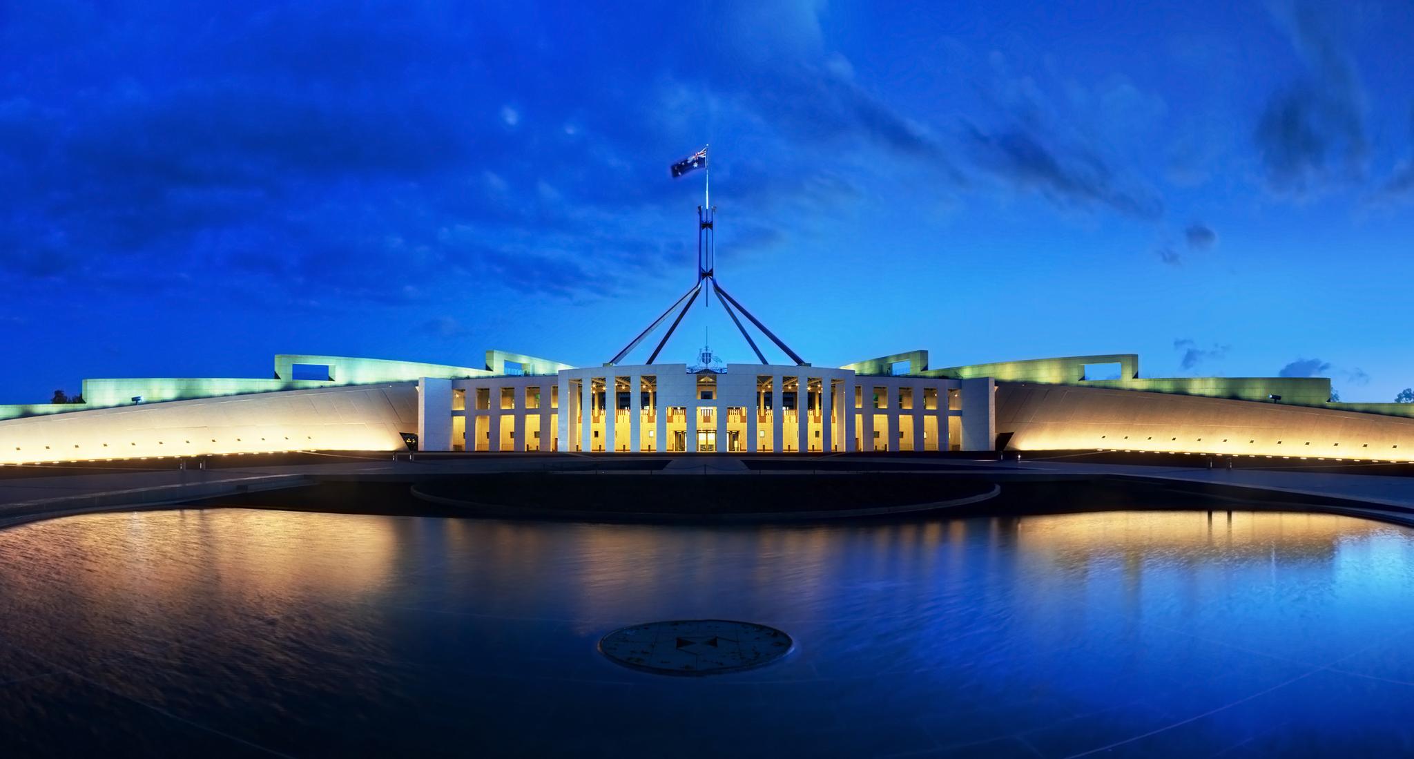 Parliament House in Canberra at dusk