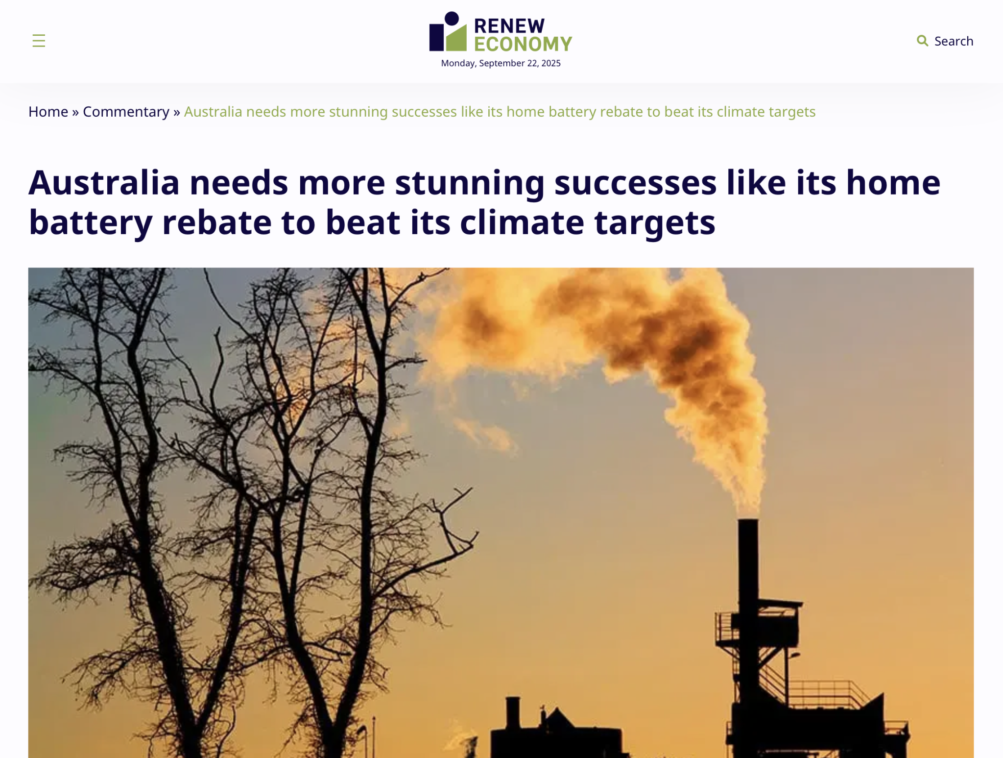 Renew economy headline shot with picture of smokestack