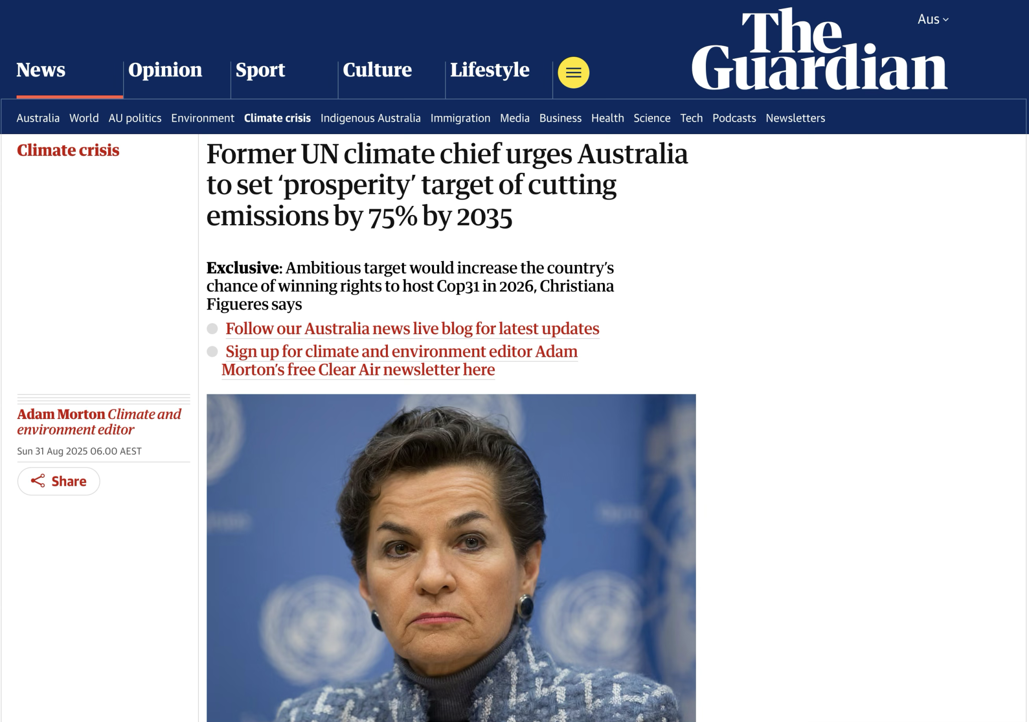 The Guardian headline of article with picture of Christina Figueres