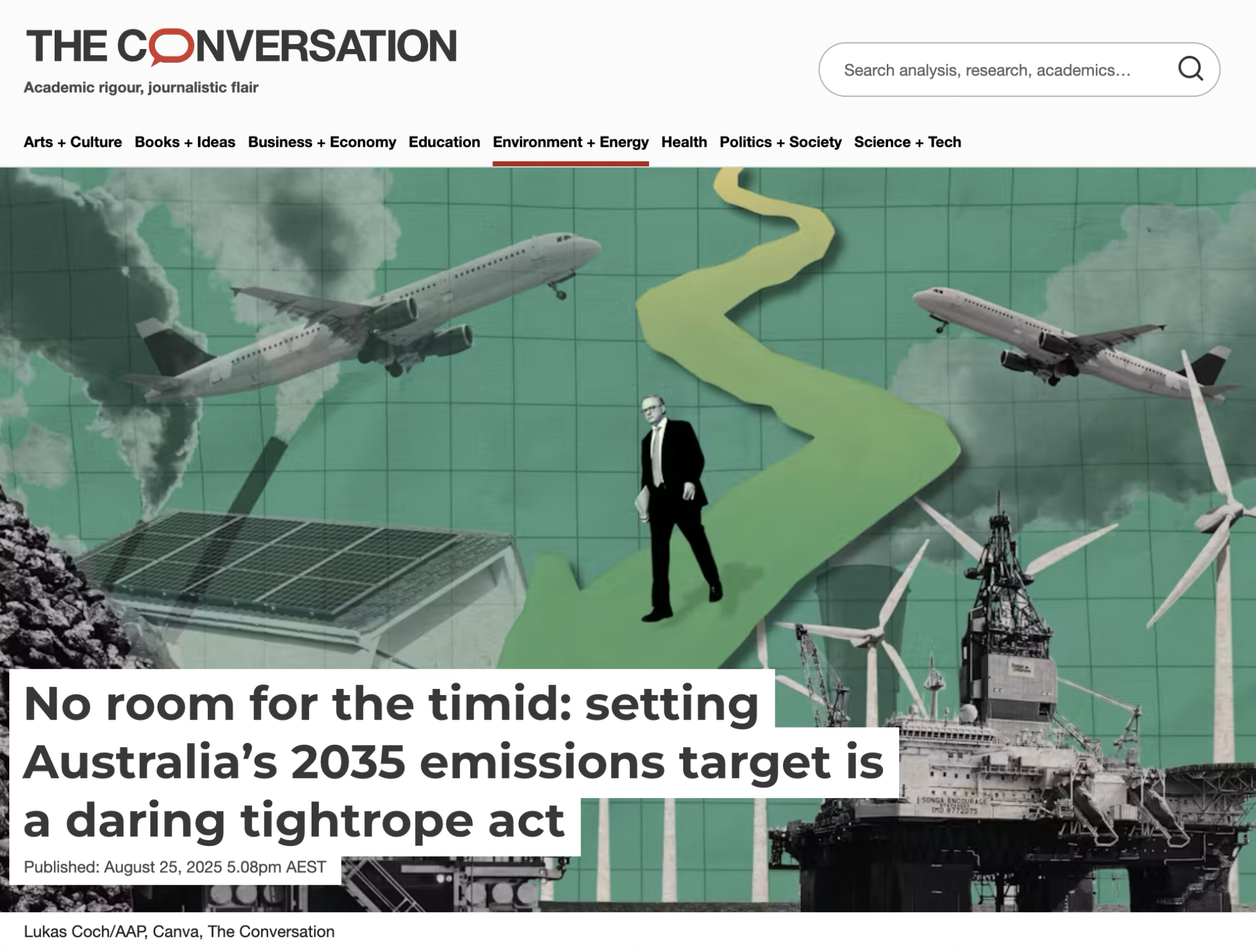 The Conversation headline for the article with image PM navigating renewables and emissions