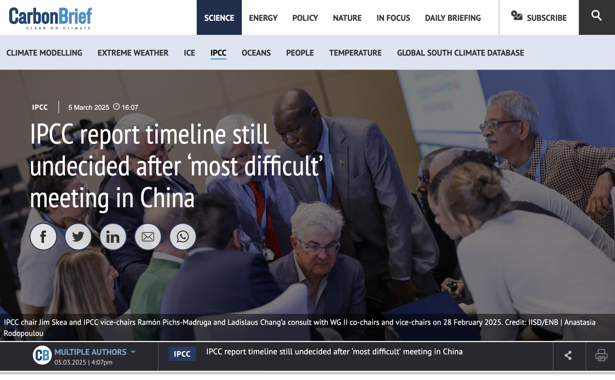 Carbonbrief headline with photo of IPCC meeting