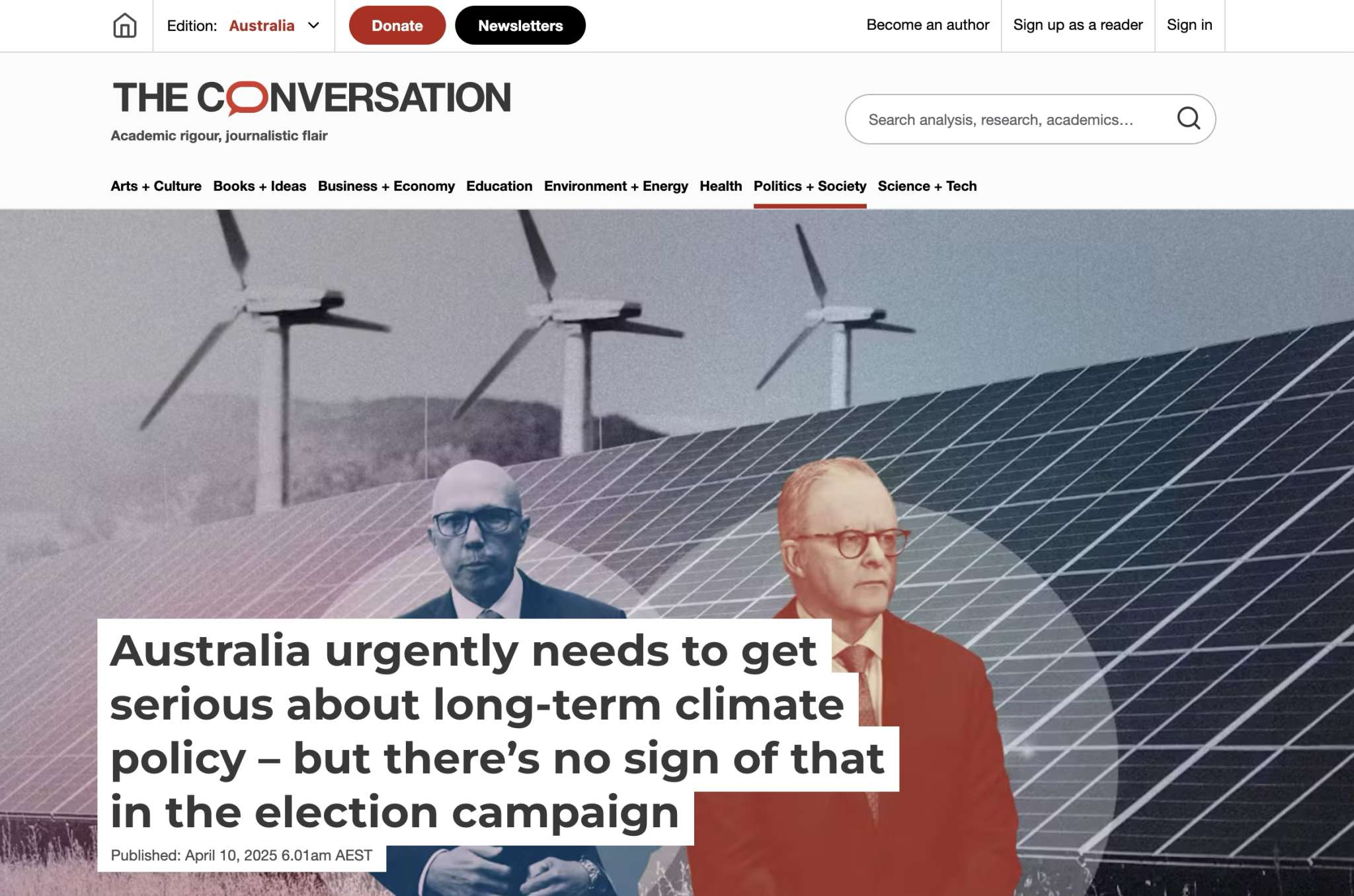 The Conversation headline with photo of Albanese and Dutton