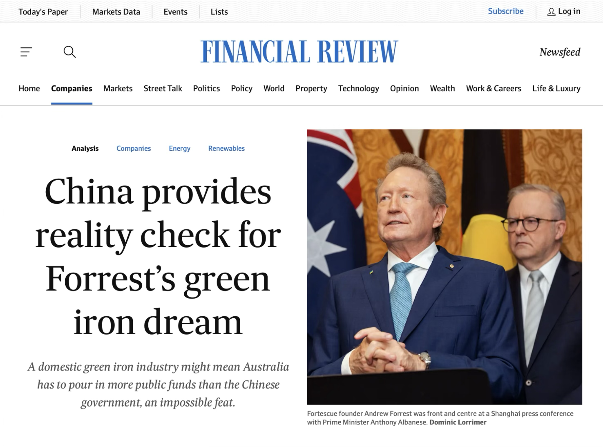 AFR title page Fortescue founder Andrew Forrest at Shanghai Press conference with PM Albanese